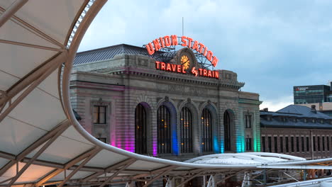 Motion-timelapse-of-Union-Station-with-colorful-lights-celebrating-pride-month