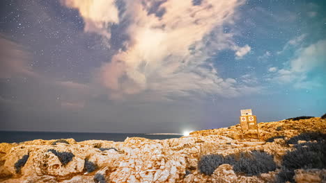 Timelapse-of-milkyway-and-stars-at-Ayioi-Anargiroi-Church,-Cyprus