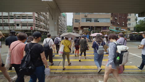 Pov-walk-of-asian-pedestrian-crossing-crossroad-in-Hong-Kong-City-during-daytime