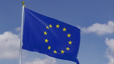 Die-Flagge-Der-Europäischen-Union-Bewegt-Sich-Im-Wind-Mit-Einem-Klaren-Blauen-Himmel-Im-Hintergrund,-Sich-Langsam-Bewegende-Wolken,-Fahnenmast,-Zeitlupe,-EU-Flagge