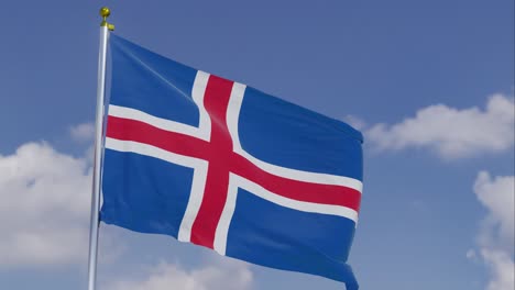 Flag-Of-Iceland-Moving-In-The-Wind-With-A-Clear-Blue-Sky-In-The-Background,-Clouds-Slowly-Moving,-Flagpole,-Slow-Motion