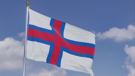 Flagge-Der-Färöer-Inseln-Bewegt-Sich-Im-Wind-Mit-Einem-Klaren-Blauen-Himmel-Im-Hintergrund,-Wolken-Bewegen-Sich-Langsam,-Fahnenmast,-Zeitlupe