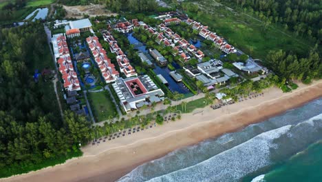 Aerial-view:-The-beach-and-resort-town-on-the-beautiful-seacoast-from-birds-eye-view,-Marriott-Khao-Lak-Resort-and-Spa,-Phuket-Thailand