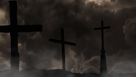 4k-silhouette,-three-crosses-on-hill-background-of-thunderstorm-at-night