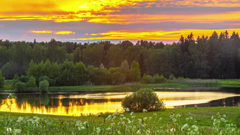 Sunset-by-a-picturesque-lake-in-a-lush,-forest-countryside---time-lapse