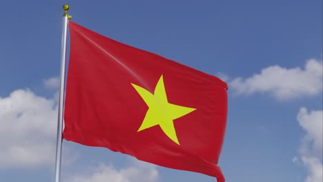 Flag-Of-Vietnam-Moving-In-The-Wind-With-A-Clear-Blue-Sky-In-The-Background,-Clouds-Slowly-Moving,-Flagpole,-Slow-Motion