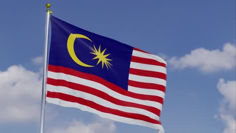 Flag-Of-Malaysia-Moving-In-The-Wind-With-A-Clear-Blue-Sky-In-The-Background,-Clouds-Slowly-Moving,-Flagpole,-Slow-Motion