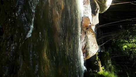 Vertikale-Zeitlupenaufnahme-Eines-Kleinen-Flusses-Mitten-Im-Dschungel-Von-Bali-In-Indonesien-An-Einem-Sonnigen-Tag-Mit-Blick-Auf-Die-Lianen,-Steine-Im-Wasser-Und-Büsche