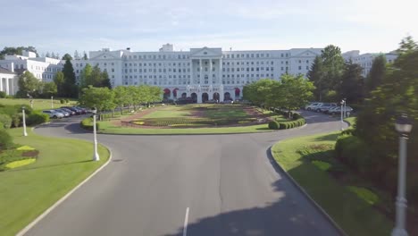 Greenbrier-resort-drone-entrance-flyover-to-mountains-West-Virginia-summer