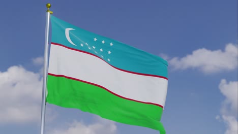 Flag-Of-Uzbekistan-Moving-In-The-Wind-With-A-Clear-Blue-Sky-In-The-Background,-Clouds-Slowly-Moving,-Flagpole,-Slow-Motion