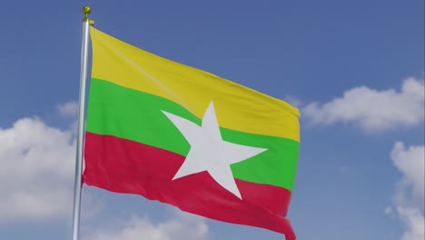 Flag-Of-Myanmar-Moving-In-The-Wind-With-A-Clear-Blue-Sky-In-The-Background,-Clouds-Slowly-Moving,-Flagpole,-Slow-Motion