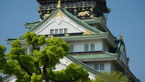 Hand-held-tilting-shot-revealing-a-traditional-temple-with-stunning-architecture-in-Osaka