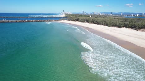 Perfect-Clear-Waters-at---The-Spit---South-Stradbroke-Island-with-Southport-in-background---Gold-Coast---QLD---Queensland---Australia---Aerial-Shot
