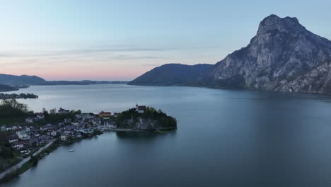 Aerial-View-of-Traunsee-Lake,-Upper-Austria,-Traunkirchen-Village-and-Scenic-Landscape-in-Twilight
