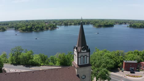 Aerial-reverse-pullback-and-panning-shot-of-a-Lutheran-Church-on-the-lake-in-Center-City,-Minnesota