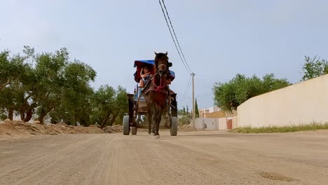Touristen-In-Tunesien-Genießen-Eine-Kutschfahrt,-Die-Von-Einem-Gespannten-Pferd-Geführt-Wird