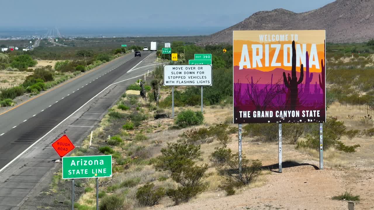 Arizona State Line And Welcome Sign Along Interstate Highway Entering The  Grand Canyon State Free Stock Video Footage Download Clips Holidays