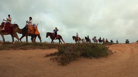 Caravana-De-Dromedarios,-Camellos-Y-Caballos-Con-Turistas-En-El-Desierto-Tunecino