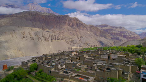 Drone-shot-of-Unique-village-in-Mustang-Nepal-with-beautiful-housings-and-greenery