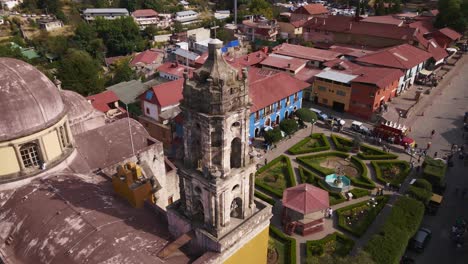 Aerial-Church-Tower-of-Immaculate-Conception,-Magic-Town-Mineral-del-Chico,-Hidalgo-Mexico
