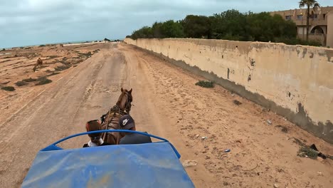 Blick-Aus-Der-Vogelperspektive-Auf-Eine-Pferdekutsche-Mit-Zwei-Personen-Entlang-Der-Tunesischen-Unbefestigten-Straße-In-Richtung-Strand