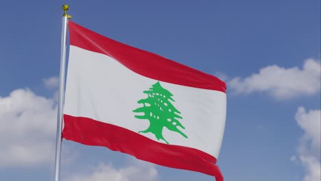 Flag-Of-Lebanon-Moving-In-The-Wind-With-A-Clear-Blue-Sky-In-The-Background,-Clouds-Slowly-Moving,-Flagpole,-Slow-Motion