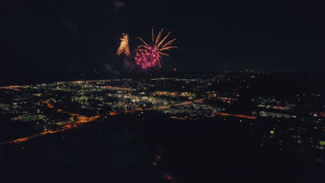 Thrilling-ending-finale-festive-fireworks-4th-of-July-in-Vernon-Hills-Illinois-USA---century-park-above-the-lake---with-a-retro-vintage-vibe-color-grading