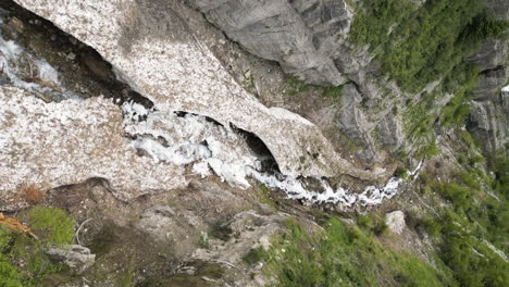 Vertikale-Luftaufnahme,-Die-Einem-Gletschergebirgsbach-Entlang-Der-üppig-Bewaldeten-Talhänge-In-Provo,-Utah,-Folgt