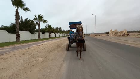 Toma-De-Seguimiento-Inverso-De-Un-Carruaje-Tirado-Por-Caballos-Enjaezados-Con-Turistas-Para-Un-Recorrido-Por-Las-Calles-De-Djerba-En-Túnez.