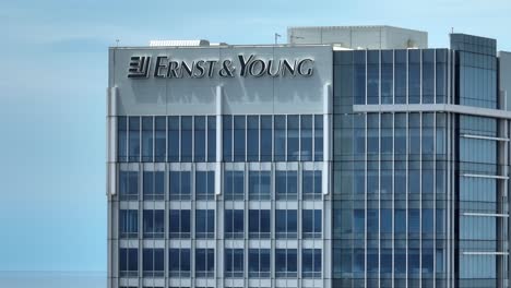 Aerial-View-of-Ernst-and-Young-Corporate-Office-Building-in-Downtown-Cleveland,-Ohio-USA,-Zoom-In-Drone-Shot