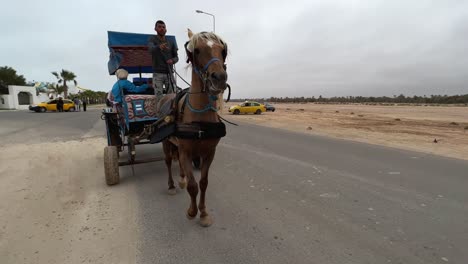 Toma-De-Seguimiento-Invertida-De-Un-Carruaje-Tirado-Por-Caballos-Con-Turistas-Para-Un-Recorrido-Por-Las-Carreteras-De-Djerba-En-Túnez