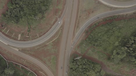 Aerial-drone-shot-looking-down-on-the-Ngong-road,-Southern-Bypass-junction