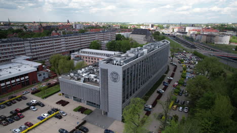 Aerial-Push-in-shot-of-impressive-University-of-Technology-in-Gliwice