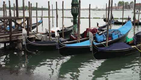 Reihen-Leerer-Traditioneller-Gondeln-Vertäut-Neben-Dem-Canal-Grande-In-Venedig