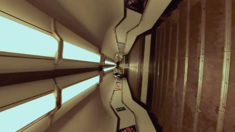 Orbitaler,-Rotierender-Schuss,-Der-In-Richtung-Einer-Unterirdischen-U-Bahn-Station-Absteigt