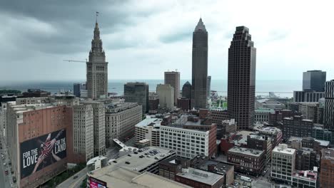 Aerial-View-of-Cleveland-Ohio-USA-Cityscape-Skyline,-Central-Downtown-Towers-and-Skyscrapers-on-Cloudy-Day