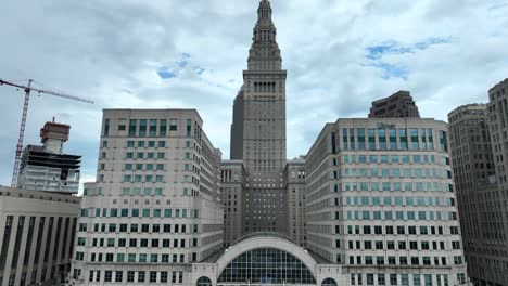 Downtown-Cleveland-Ohio-USA,-Drone-Shot-of-Tower-City-Center-Shopping-Mall-and-Terminal-Tower-Residences-Skyscraper-Building