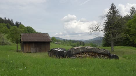 Statische-Ansicht-Einer-Alten-Verrosteten-Hütte-Mit-Stapeln-Gehackter-Baumstämme-Unter-Der-Plane