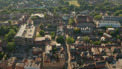Aerial-shot-towards-Hampshire-county-council-building-Winchester-UK
