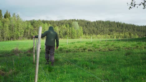 Man-In-Hooded-Jacket-Is-Checking-On-Barbed-Wire-Fence-In-Green-Spring-Fields