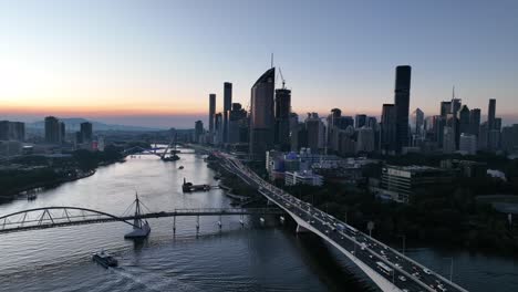 Static-aerial-shot-of-Brisbane-City's-Goodwill-Bridge-and-Captain-Cook-Bridge-Expressway-Pacific-Motorway