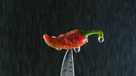 Chili-stabbed-by-knife-has-water-dripping-blowing-and-misting-around