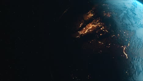 Cinematic-Earth-view-from-outer-space,-motion-graphics-video-shows-the-Earth-rotating-city-lights-revealing-from-the-shadow-side