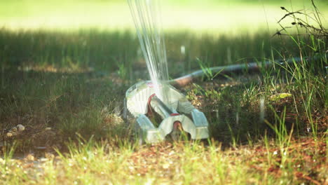 Slow-Motion-Close-Up-of-Oscillating-Sprinkler-Watering-Grass-Outdoors