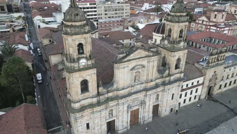 aerial-view-of-Bogota-cathedral-in-historical-downtown-Catedral-Primada-de-Colombia-drone