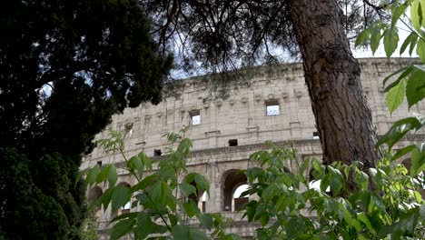 Partial-View-Of-The-Colosseum-Seen-Through-Trees-And-Green-Leaves-In-Rome