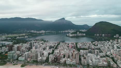 Aerial-Panoramic-Drone-Above-Ipanema-Leblon-Beach-Coast,-Rio-de-Janeiro,-Brazil,-Paradisiacal-Skyline,-Coastal-City,-Travel-and-Tourism