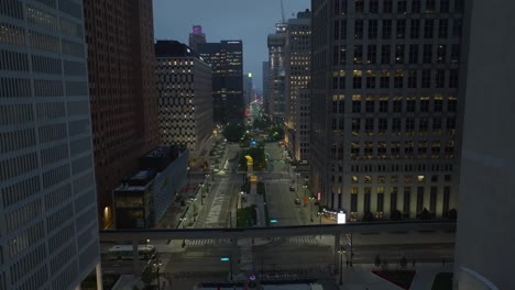 Aerial-shot-of-downtown-Detroit,-Michigan-during-the-night