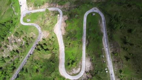 Aerial-static-shot-of-Giau-Pass-with-curves,-Dolomites,-Italy