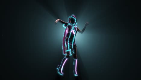 Chica-De-Ciencia-Ficción-Cibernética-Vestida-Con-Ropa-De-Nueva-Era-Con-Luces-Brillantes-De-Neón,-Bailando-Frente-A-Una-Luz-Volumétrica,-Con-Rayos-De-Luz-Atravesando,-Animación-3d